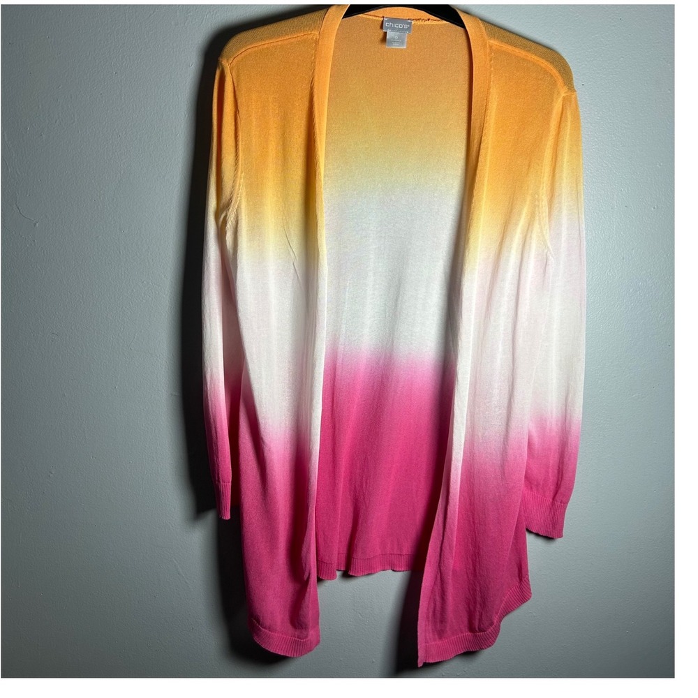 Chico's Ombre Cardigan Sweater‎ Orange Pink White Long Sleeve Open Front Size0